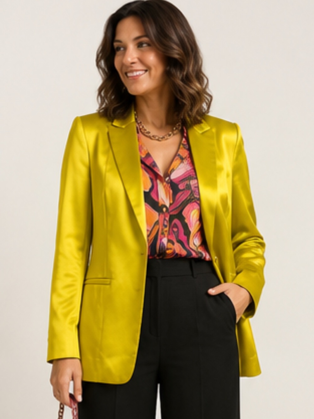 Express Chartreuse Satin blazer size small tailored statement jacket maximalism